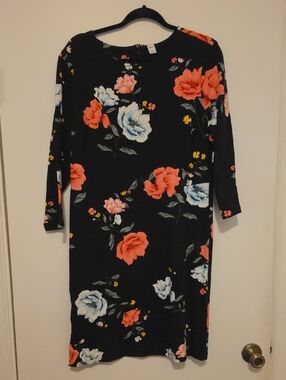 Old Navy Black Floral Long Sleeve Shift Dress with Coral & White Blooms